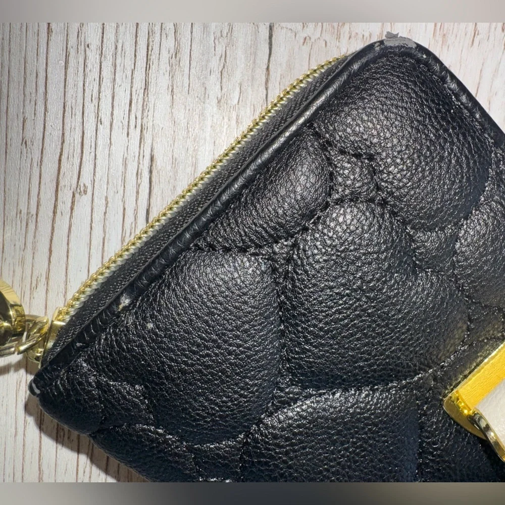 Betsey Johnson Zip Around Wallet Black  Quilted Hearts White Gold Metal Bow